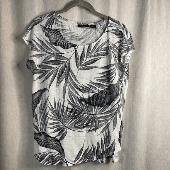 Tahari 100% Linen Top Blouse Short Sleeve Tee White & Black Floral Leaf Large - Picture 1 of 4